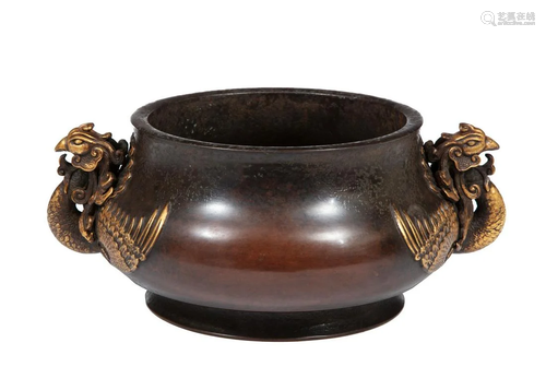 Chinese Gilt and Patinated Bronze Censer