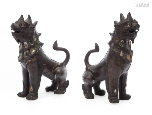 Asian Mirror-Inset Bronze Guardian Lions