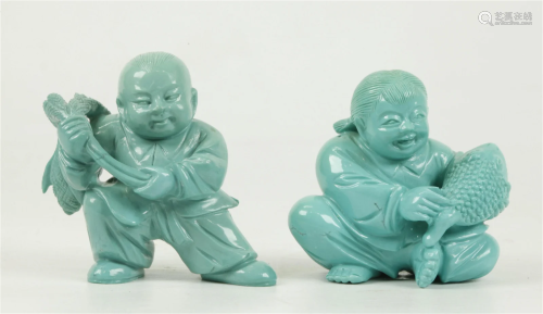Fine Chinese Turquoise Carved Boy & Girl
