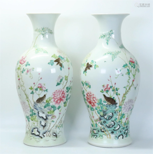 Lg Mirror Pr Chinese Porcelain Quail Flower Vases