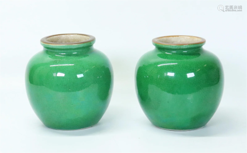 Pr Chinese Green Glaze on Crackle Porcelain Jars