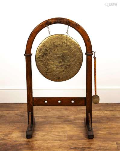 Gothic oak gong and stand 19th Century, 90cm high overall, 4...