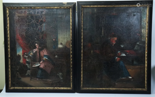 2 Chinese 19th C Oil Paintings on Canvas & Frames