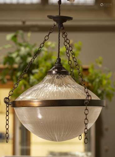 Holophane pendant light and shade circa 1910, of ribbed form...