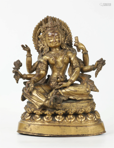 Rare Tibetan 18th C Gilt Bronze 6 Arm Seated Tara