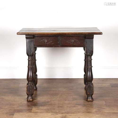 Oak side table 18th Century and later, fitted two carved dra...