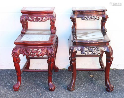 Two Chinese wood inlay Marble tea Tables