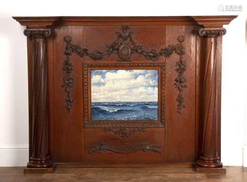 Large oak overmantel with carved swags and central rectangul...