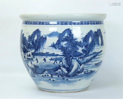 Chinese Blue & White Porcelain Landscape Fish Bowl