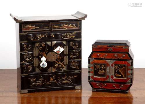Japanese lacquered table top cabinet with porcelain panels i...