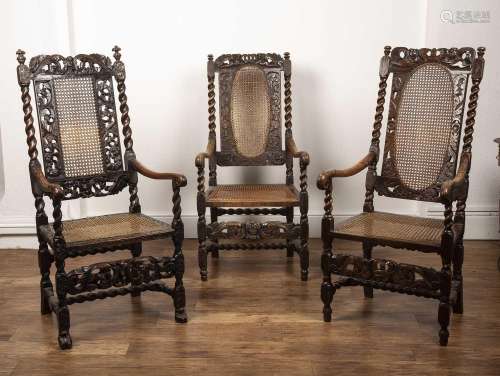 Three similar walnut armchairs Carolean and later, each with...