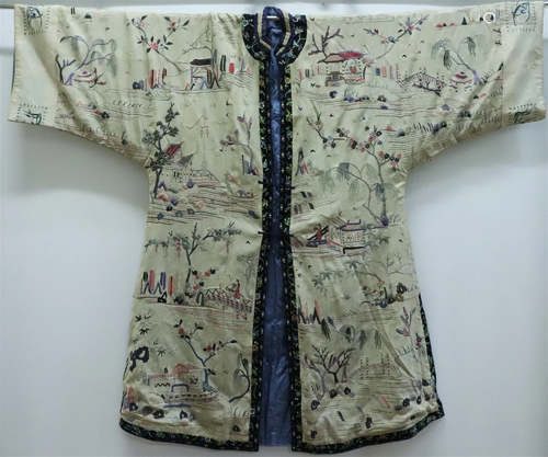 Chinese 19 C Embroidered Cream Silk Damask Coat