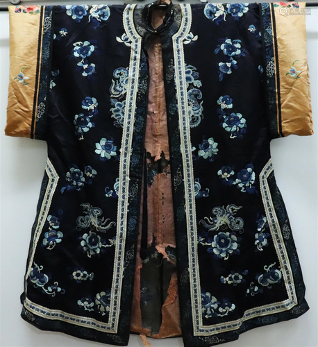 Chinese 19th C Embroidered Dark Blue Silk Coat