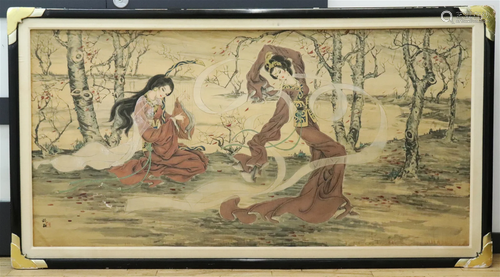 Lg Chinese Ink & Color Painting on Silk 2 Ladies