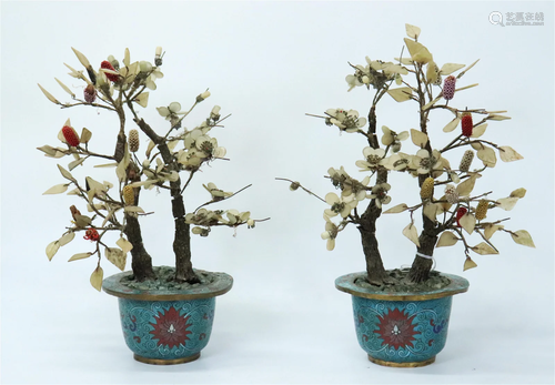 Pair Chinese Hard Stone Trees; Cloisonne Planters