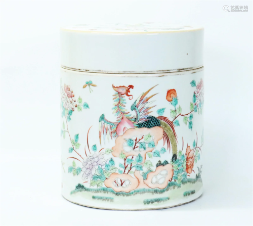 Lg Chinese Enamel Porcelain Cylinder Jar & Cover