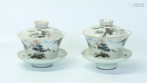 Pair Chinese Enameled Tea Bowls Covers & Stands