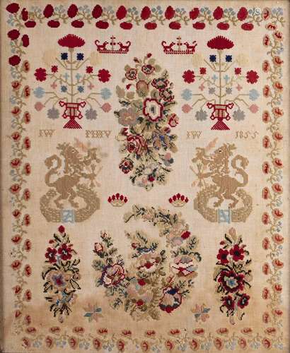 19th Century Dutch needlework sampler decorated with flowers...