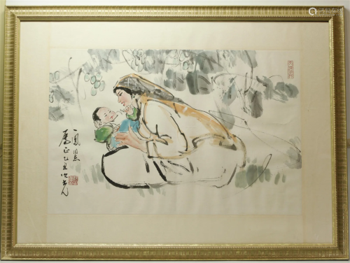 Chinese Ink Color Painting on Paper Mother & Child