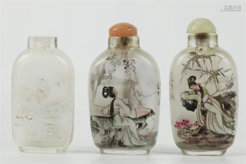 3 Chinese Interior Painted Clear Snuff Bottles