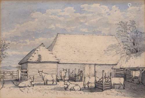 J Price of Dulford (fl 1850-1880) A farmyard scene, pen, ink...