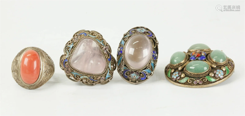 3 Chinese Gilt Silver Rings; Round Chrysoprase Pin