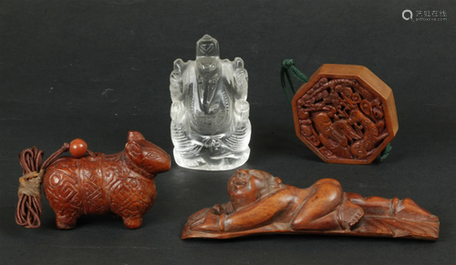 3 Chinese Boxwood Carvings; Quartz Ganesha