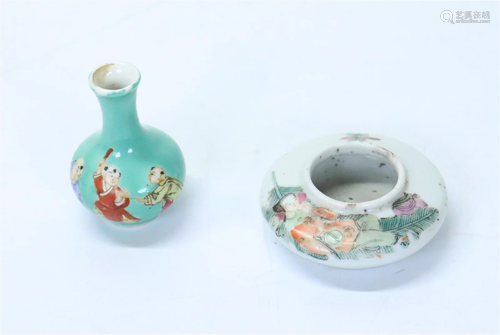 2 Chinese Miniature Porcelains; Vase, Water Pot