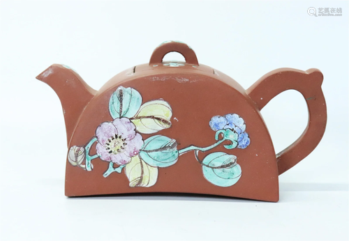 Chinese Enameled Yixing Half-Moon Teapot