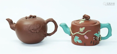 2 Chinese Yixing Teapots Applied Squirrels Grapes