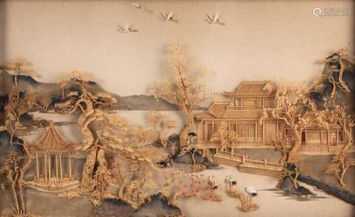 Chinese cork diorama depicting a temple and river scene with...