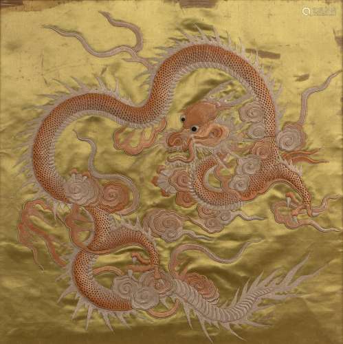 Silk and embroidered study of a dragon and flaming pearls Ch...