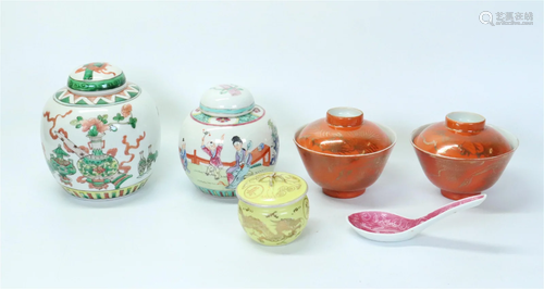 6 Chinese Enameled Porcelains, Jars, Bowls, Spoon