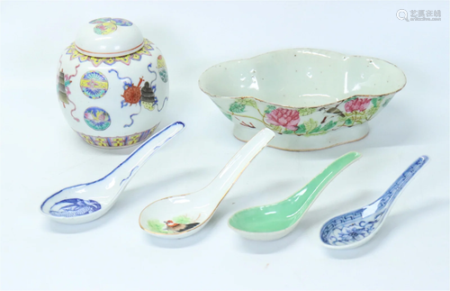 6 Chinese Porcelains; Spoons, Bowl, Tea Jar