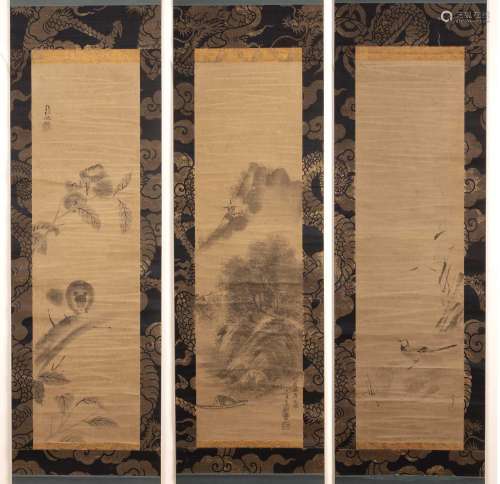 Three scrolls Japanese each painted with a landscape view an...