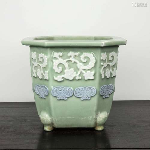 Two celadon jardinieres Chinese, of octagonal form, with ruy...