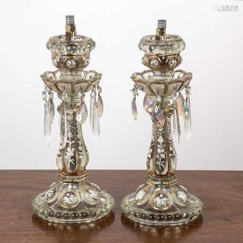 Pair of glass lustres clear moulded glass with enamel painte...