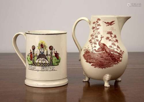 Creamware jug and a Masonic creamware frog mug 18th/19th Cen...