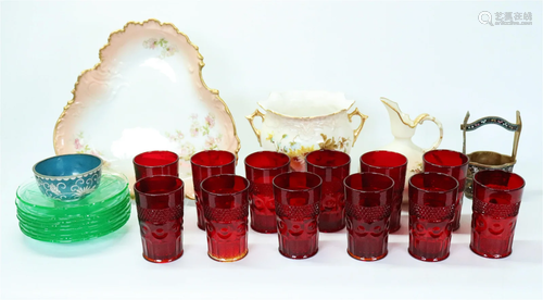 3 Limoges Porcelains; 12 Ruby Glasses Cloisonne