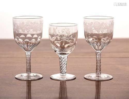 Three etched drinking glasses comprising of: a pair of 19th ...