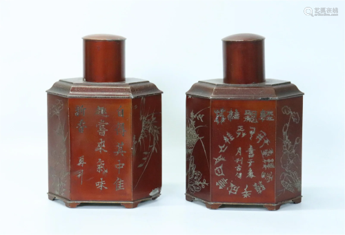 Pair Chinese Hexagonal Pewter Tea Caddies