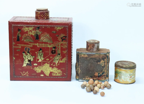 3 Chinese Tea Caddies; 23 Clay Bennington Marbles