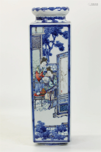Chinese Wucai Enameled Porcelain 4 Sided Vase