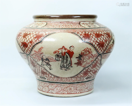 Lg Chinese Crackle Glaze & Enameled Porcelain Pot