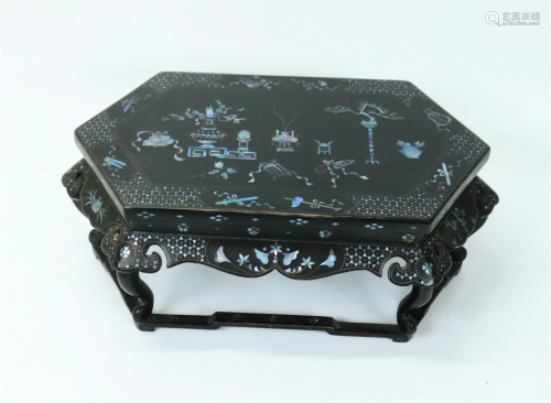 Chinese Black Lacquer & Shell Inlay Hexagon Table