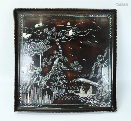 Chinese Black Lacquer & Shell Inlay Square Tray