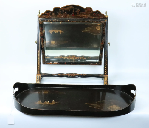 Chinoiserie Black & Gold Lacquer Mirror & Tray