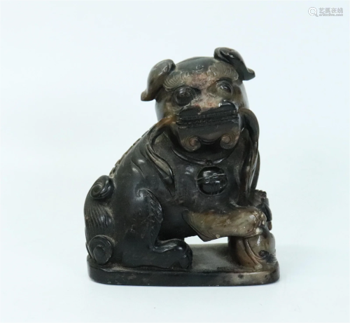 Chinese Black Shoushan Soapstone Fu Dog & Pup