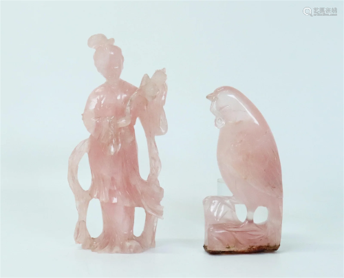 2 Chinese Rose Quartz Crystal Figures, Lady & Bird