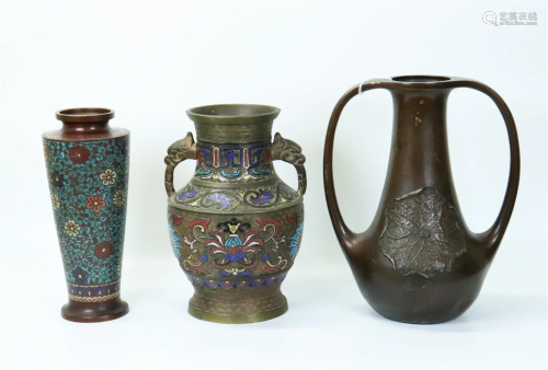 2 Chinese / Asian Bronze Cloisonne Vases, 1 Bronze